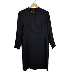 Louis Feraud Women's Classic Navy Blue Wool Long Sleeve Faux Wrap Dress Size 14